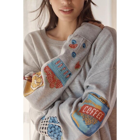 By Anthropologie Embroidered Crew-Neck Sweatshirt Top Oversized Cotton S 283674 - Picture 5 of 13